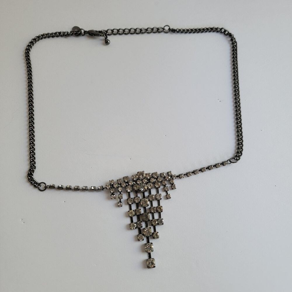 Silver Tone Rhinestone Bib Necklace Triangle Fringe Statement Sparkle Jewelry